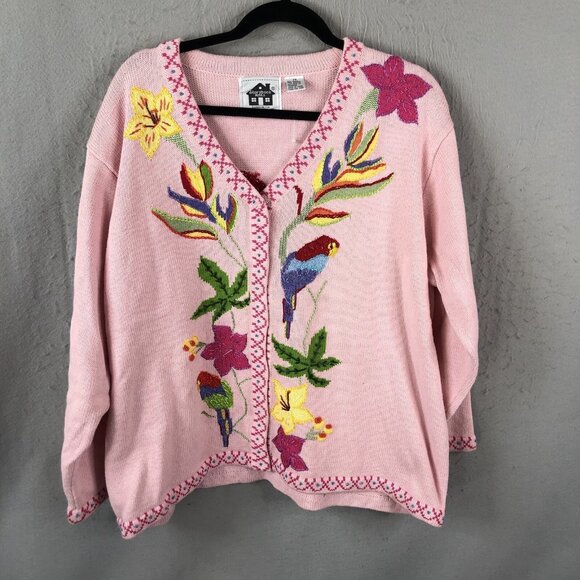 Storybook Sweater Womens 2X Plus Size Pink Parrots Tropical Cardigan Art to Wear - Picture 1 of 16